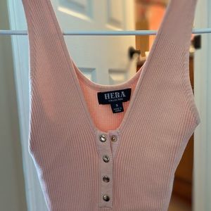 Ribbed soft pink stretchy bodycon dress with button detail